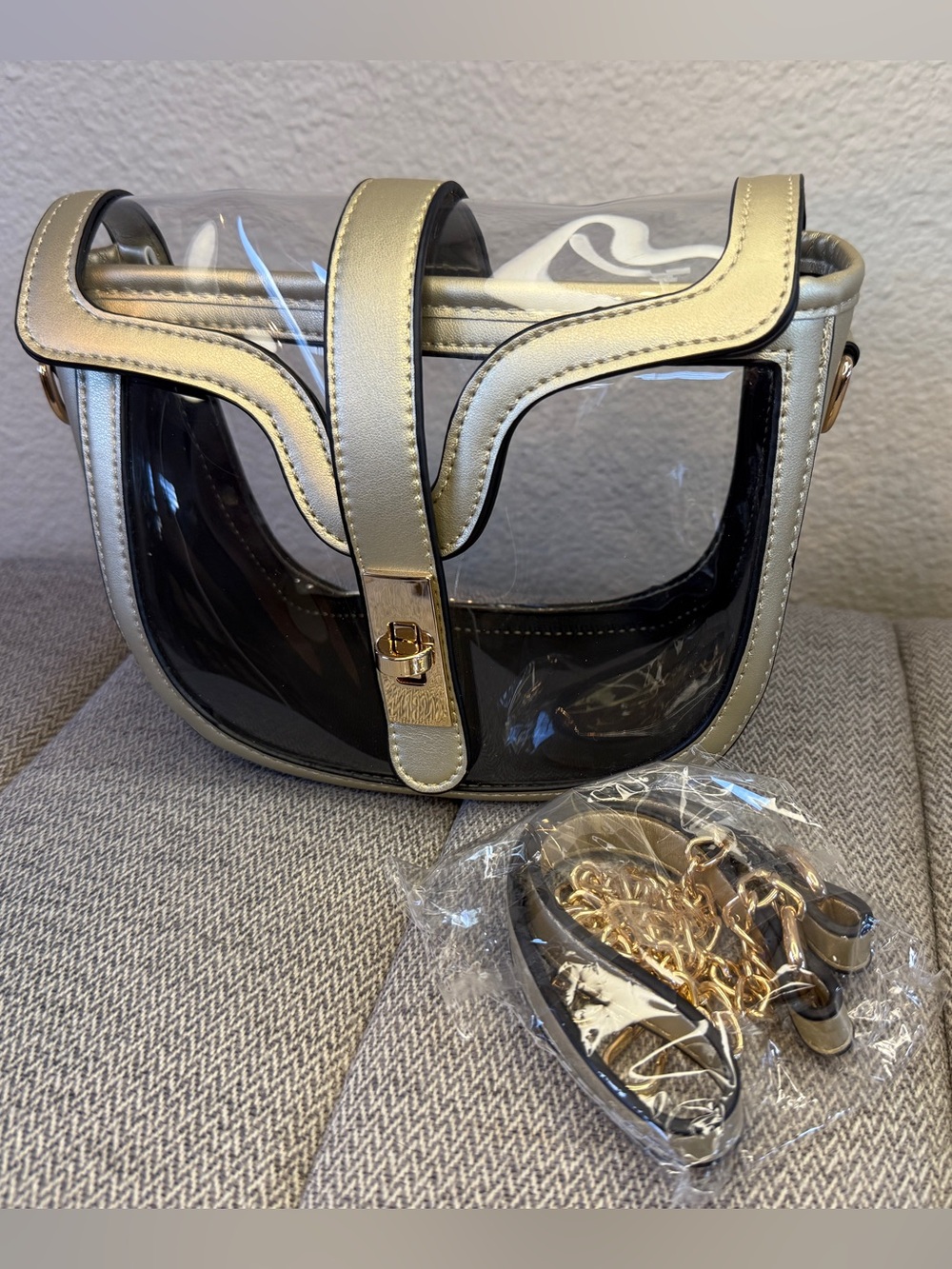 Clear Transparent Saddle Bag Purse, Gold w/ Chain Crossbody - Zenana Outfitters - Picture 8 of 16